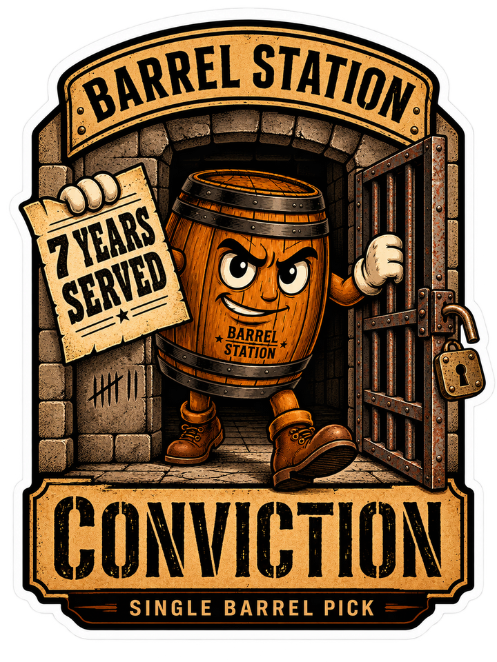 Barrel Station pick sticker for Conviction 7 Year: the barrel mascot walking out of his cell holding a sign that reads 7 Years Served