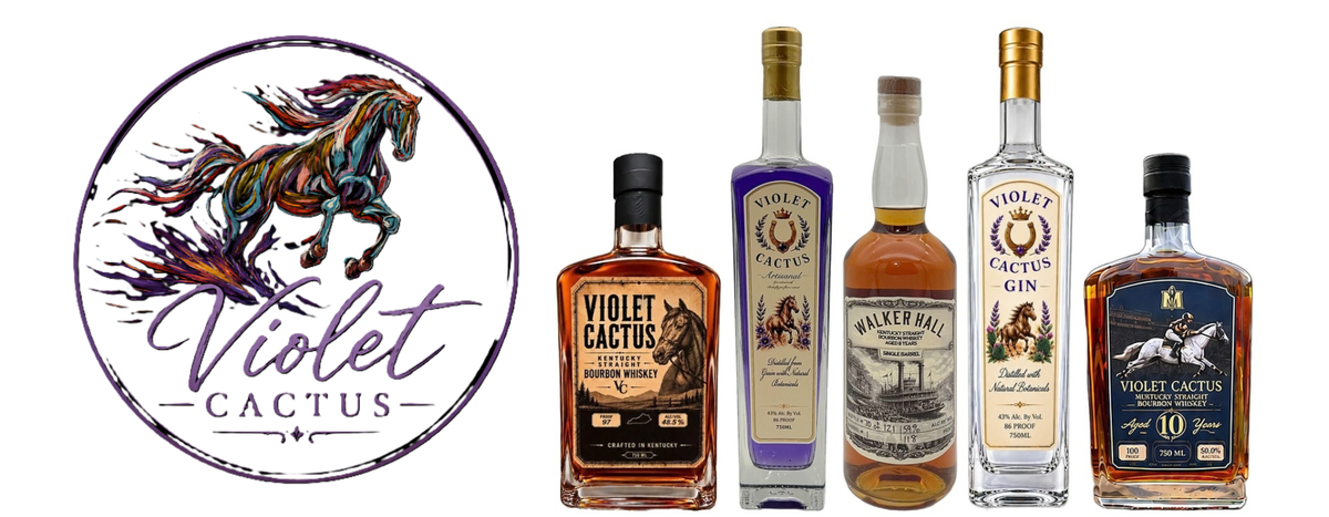 Violet Cactus horse logo with the Violet Cactus bourbon, artisanal gin, gin, 10 year bourbon and Walker Hall single barrel bourbon bottles