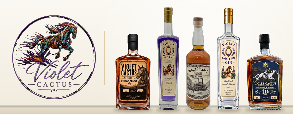 Violet Cactus logo with its bourbon, gin and Walker Hall single barrel bottles